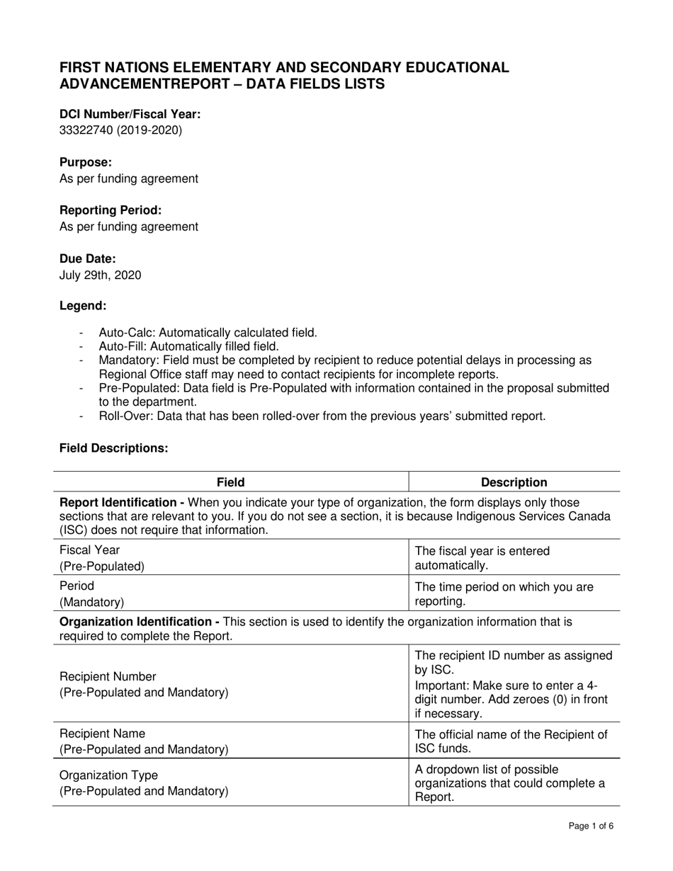 Instructions for Form DCI33322740 First Nations Elementary and Secondary Educational Advancement Report - Canada, Page 1