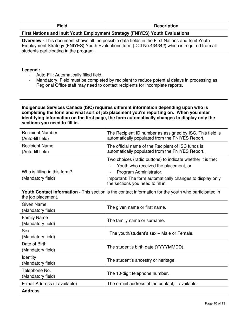 Instructions for Form DCI434352 First Nations and Inuit Youth Employment Strategy (Fniyes) Report and Corresponding Fniyes Youth Evaluation - Canada, Page 10