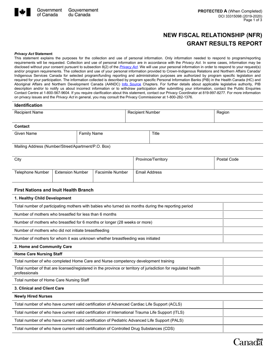 Form DCI33315098 New Fiscal Relationship (Nfr) Grant Results Report - Canada, Page 1