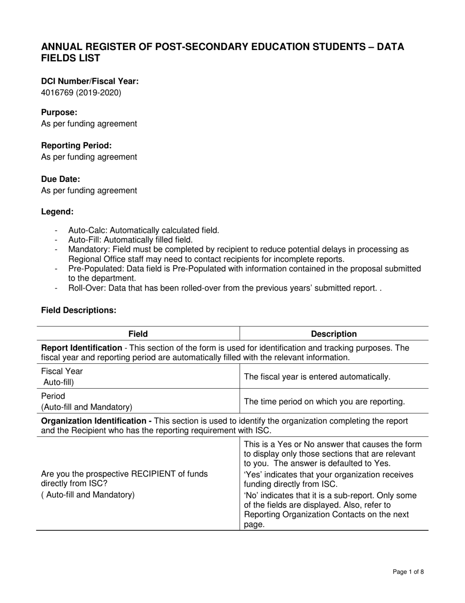 Instructions for Form DCI4016769 Annual Register of Post-secondary Education Students - Canada, Page 1
