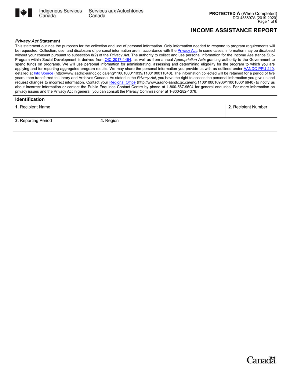 Form DCI455897A Income Assistance Report - Canada, Page 1