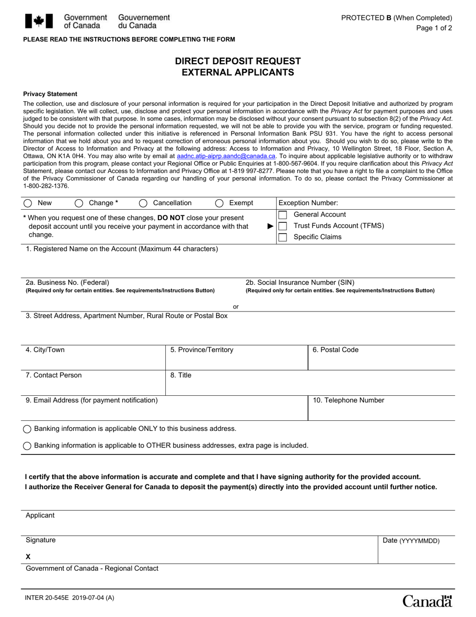 Form INTER20-545E Direct Deposit Request External Applicants - Canada, Page 1