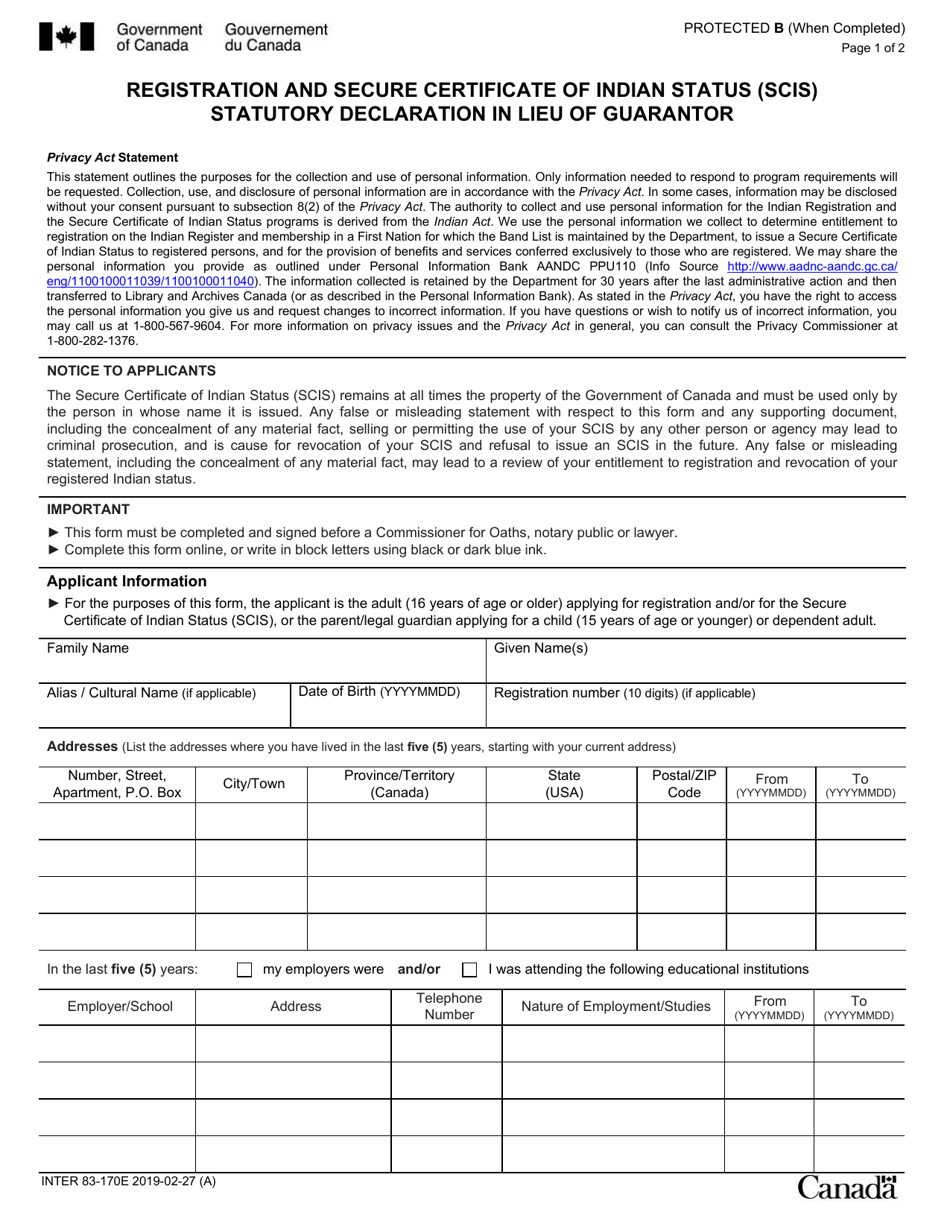 Form INTER83-170E Registration and Secure Certificate of Indian Status (Scis) Statutory Declaration in Lieu of Guarantor - Canada, Page 1