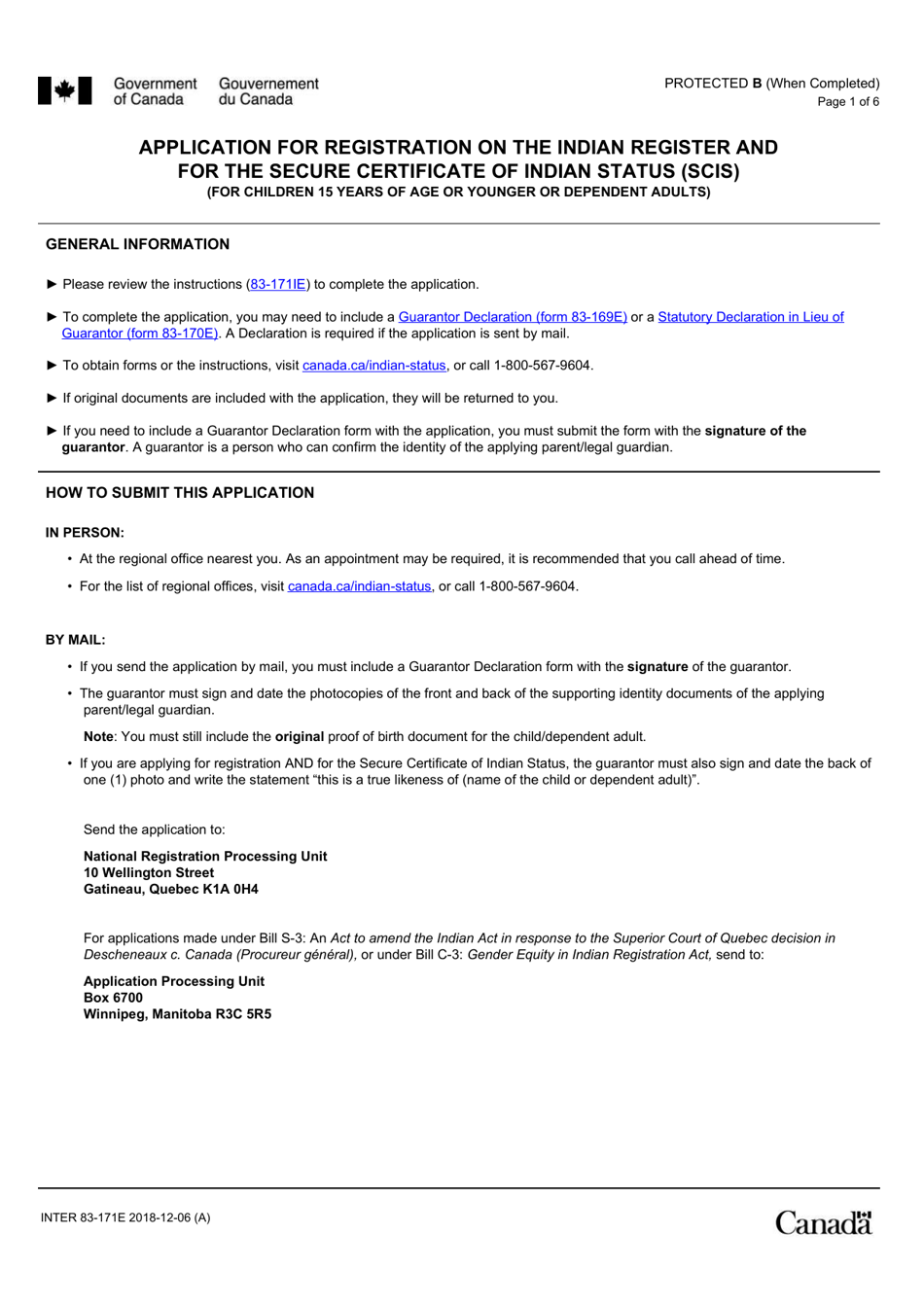 Form INTER83-171E Application for Registration on the Indian Register and for the Secure Certificate of Indian Status (Scis) (For Children 15 Years of Age or Younger or Dependent Adults) - Canada, Page 1