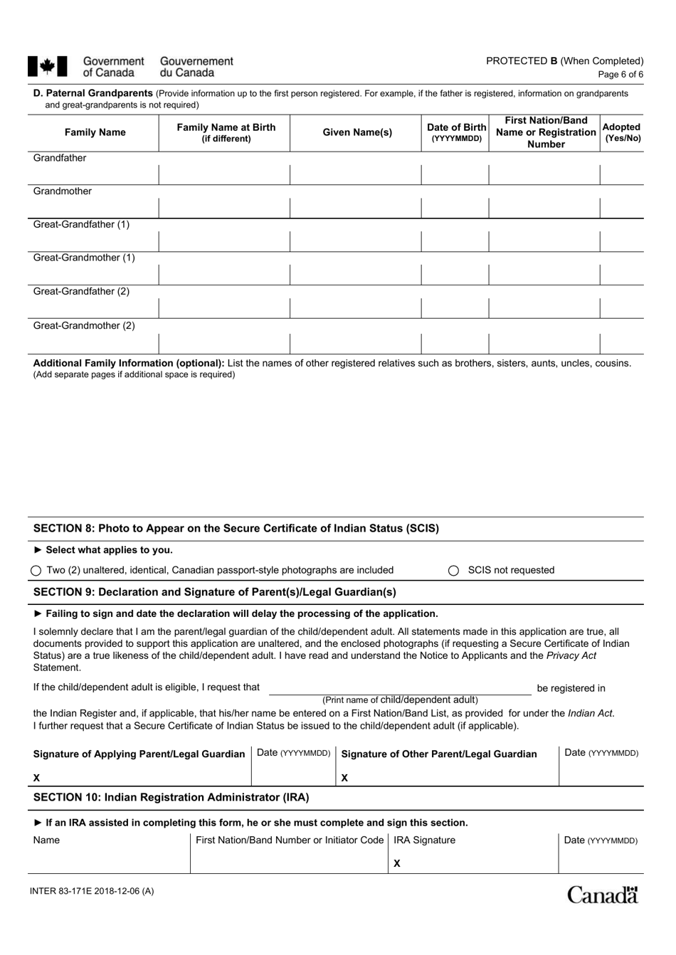 Form INTER83-171E Application for Registration on the Indian Register and for the Secure Certificate of Indian Status (Scis) (For Children 15 Years of Age or Younger or Dependent Adults) - Canada, Page 6