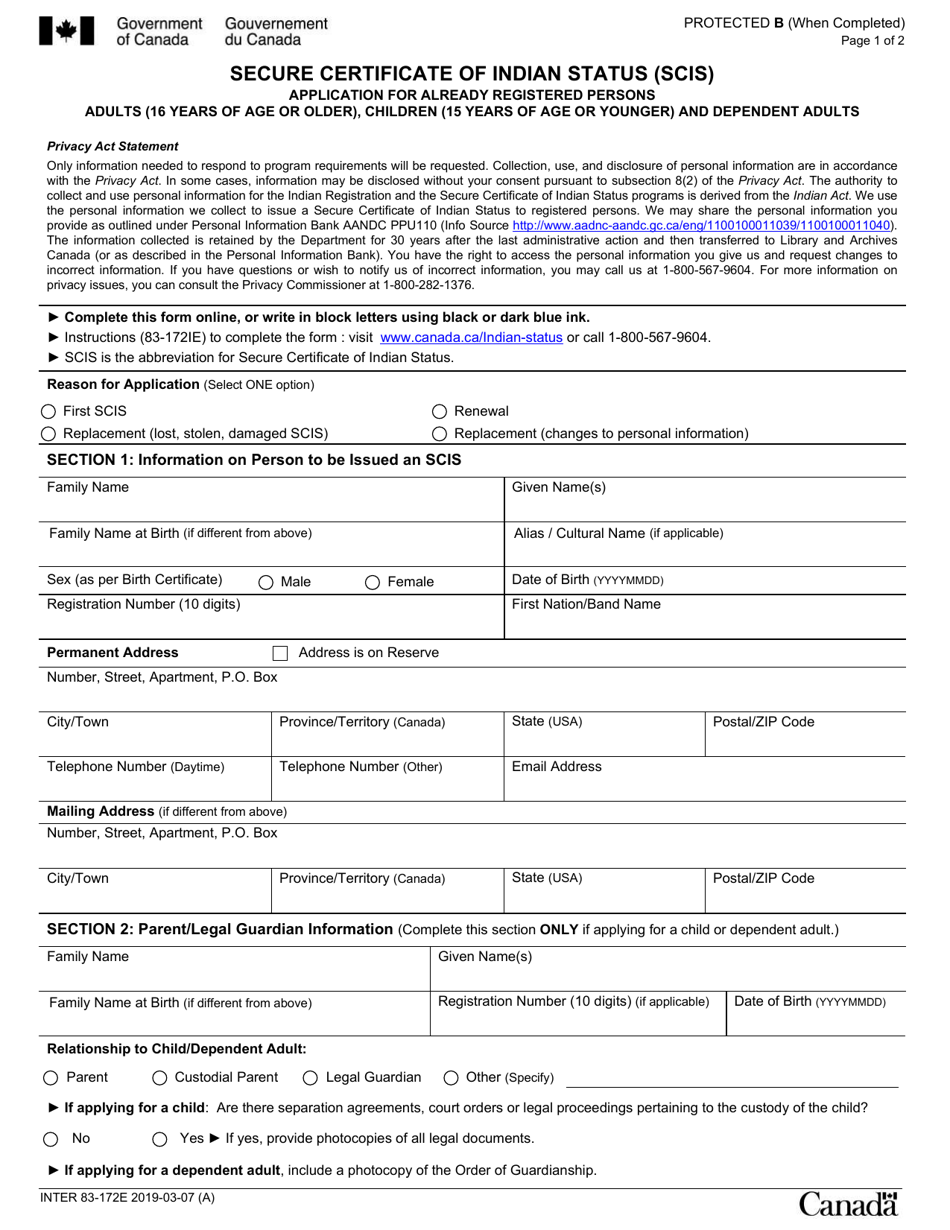 Form 83-172E Secure Certificate of Indian Status (Scis) Application for Already Registered Persons - Canada, Page 1
