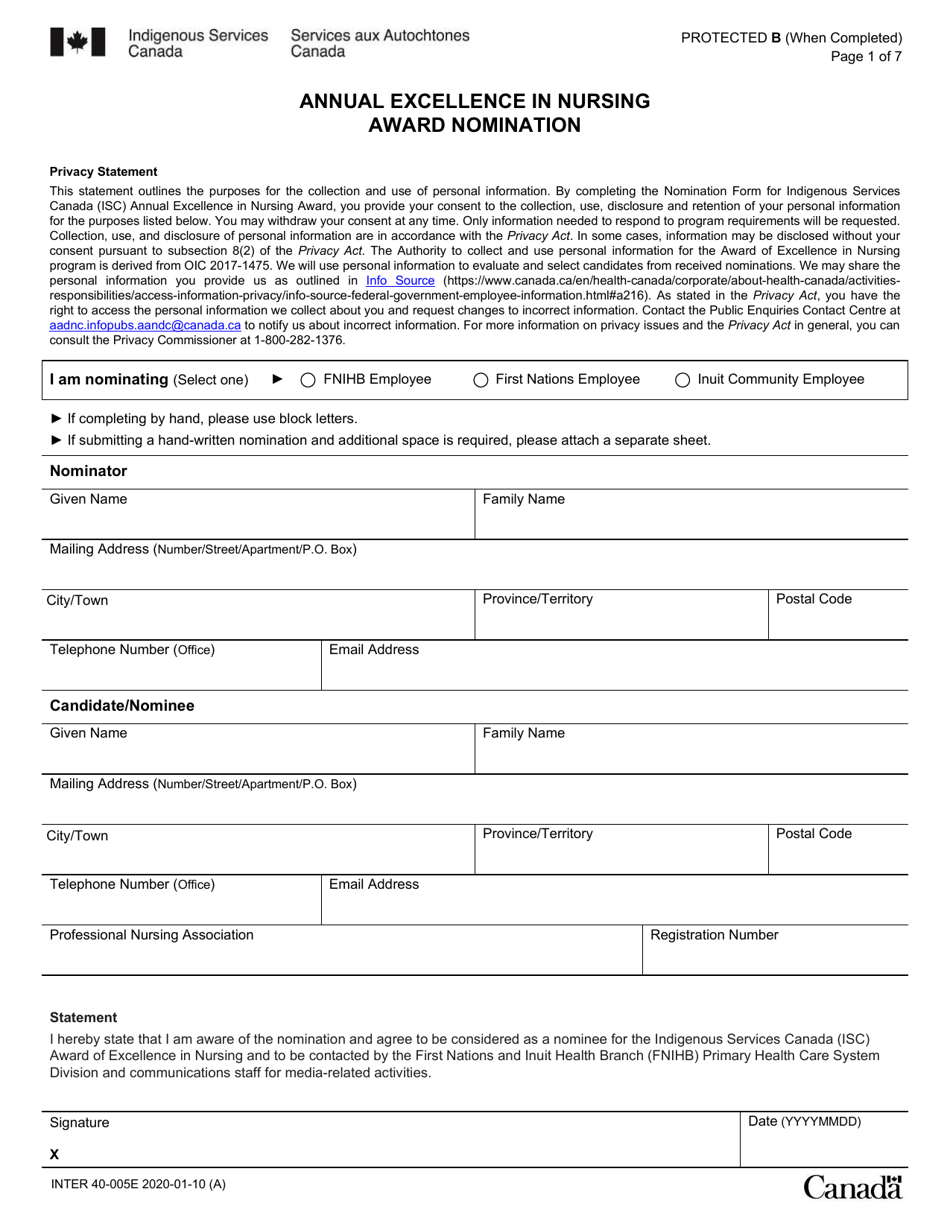 Form INTER40-005E Annual Excellence in Nursing Award Nomination - Canada, Page 1