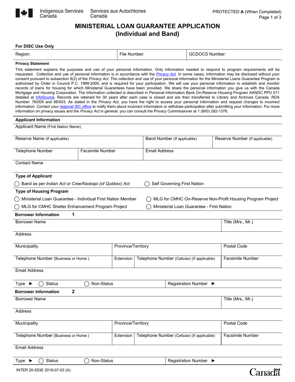 Form INTER20-553E Ministerial Loan Guarantee Application (Individual and Band) - Canada, Page 1