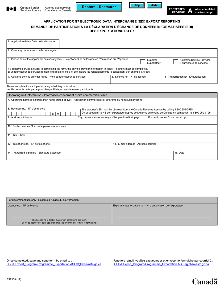 Form BSF158 Application for G7 Electronic Data Interchange (Edi) Export Reporting - Canada (English / French), Page 1