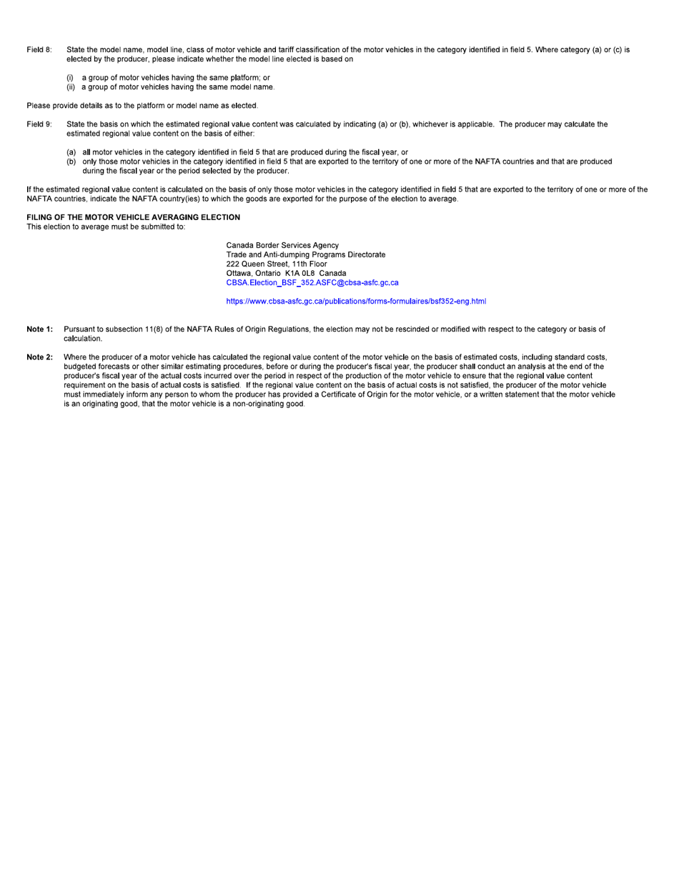 Form BSF352 North American Free Trade Agreement Motor Vehicle Averaging Election - Canada, Page 3