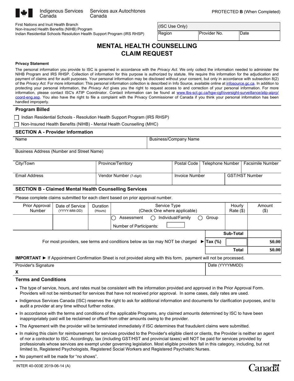 Form INTER40-003E Mental Health Counselling Claim Request - Canada, Page 1