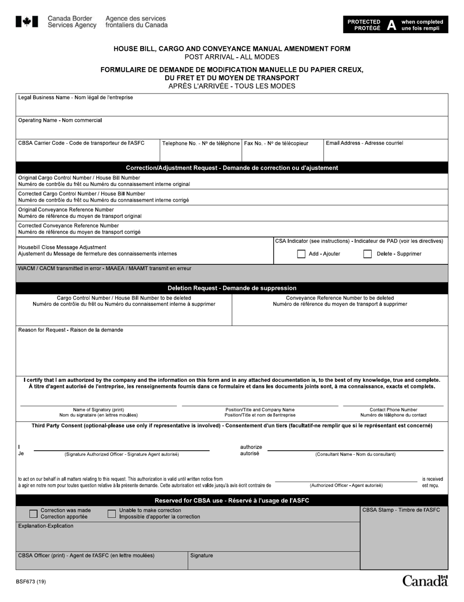 Form BSF673 House Bill, Cargo and Conveyance Manual Correction Request Form - Post Arrival - All Modes - Canada (English / French), Page 1