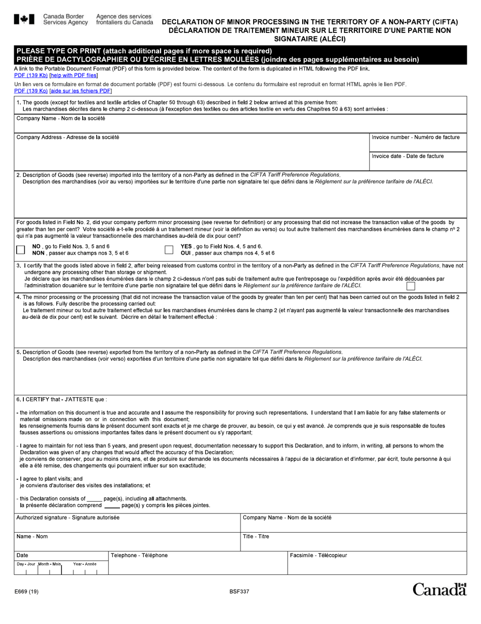 Form BSF669 Declaration of Minor Processing in the Territory of a Non-party (Cifta) - Canada (English / French), Page 1