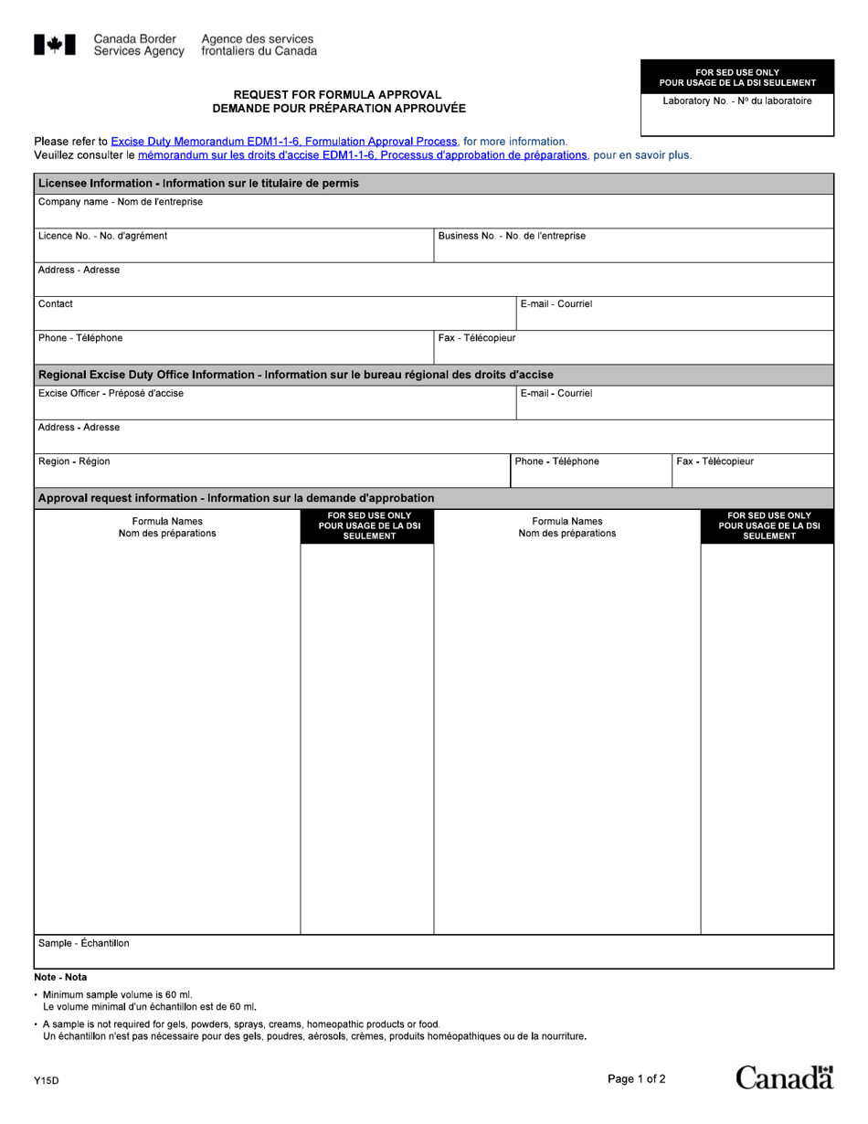 Form Y15D Request for Formula Approval - Canada (English / French), Page 1