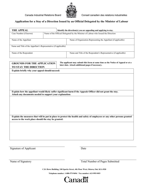 Application for a Stay of a Direction Issued by an Official Delegated by the Minister of Labour - Canada Download Pdf