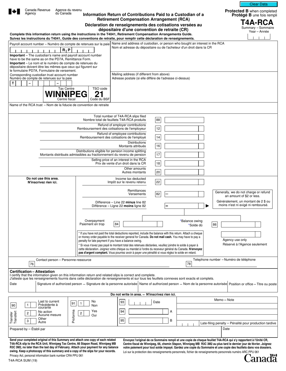 Form T4ARCA SUM Download Fillable PDF or Fill Online Information