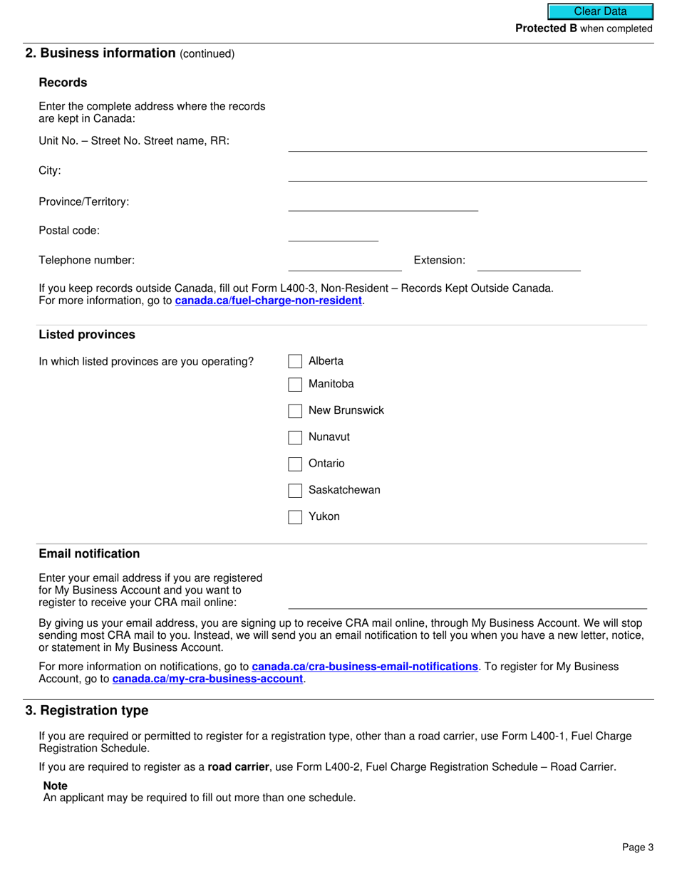 Form L400 Fuel Charge Registration Under the Greenhouse Gas Pollution Pricing Act - Canada, Page 3