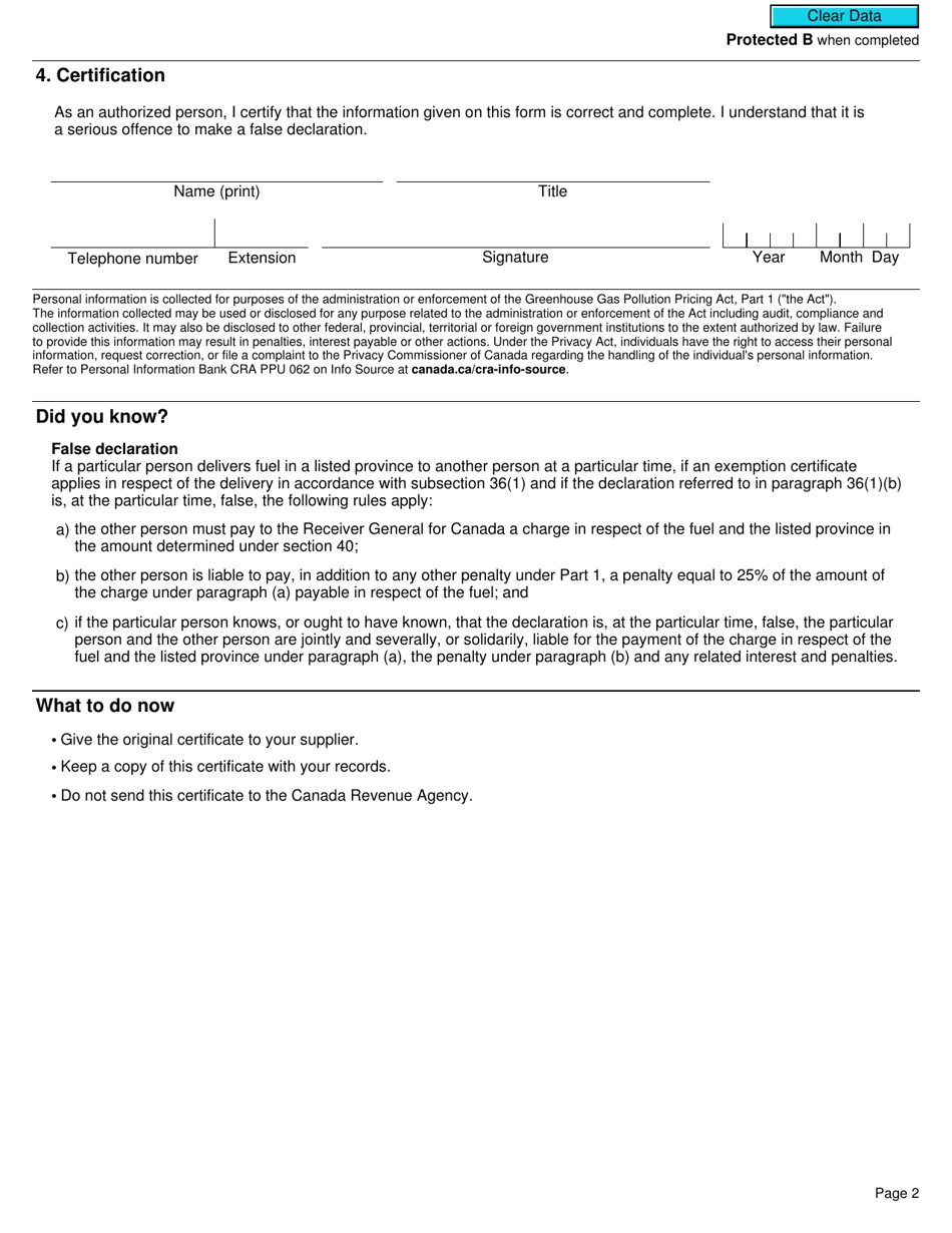 Form L401 Fuel Charge Exemption Certificate for Registered Distributors Under Section 36 of the Greenhouse Gas Pollution Pricing Act, and the Fuel Charge Regulations - Canada, Page 2