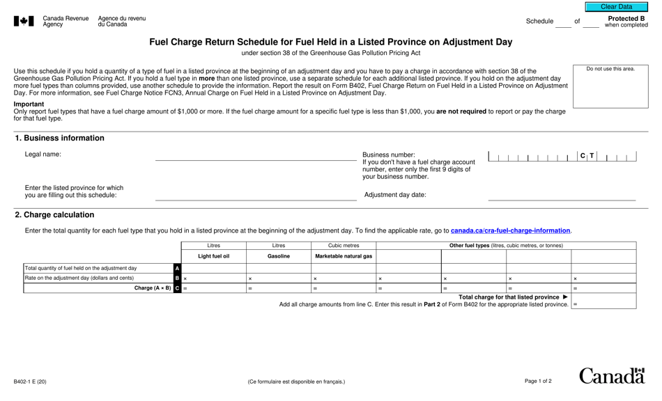 Form B402-1 Fuel Charge Return Schedule for Fuel Held in a Listed Province on Adjustment Day Under Section 38 of the Greenhouse Gas Pollution Pricing Act - Canada, Page 1