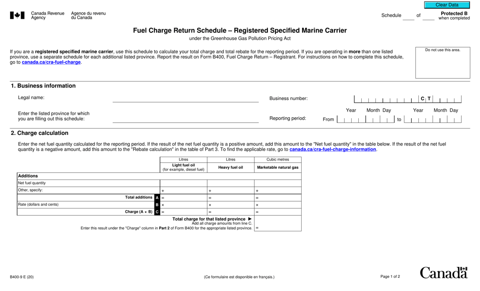 Form B400-9 Fuel Charge Return Schedule - Registered Specified Marine Carrier Under the Greenhouse Gas Pollution Pricing Act - Canada, Page 1