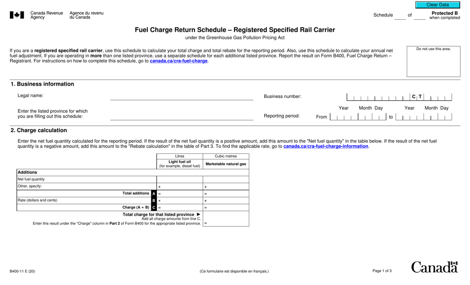 Form B400-11 Fuel Charge Return Schedule - Registered Specified Rail Carrier Under the Greenhouse Gas Pollution Pricing Act - Canada, Page 1