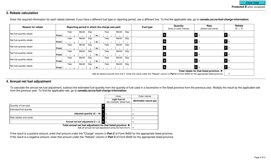 Form B400-11 Fuel Charge Return Schedule - Registered Specified Rail Carrier Under the Greenhouse Gas Pollution Pricing Act - Canada, Page 2