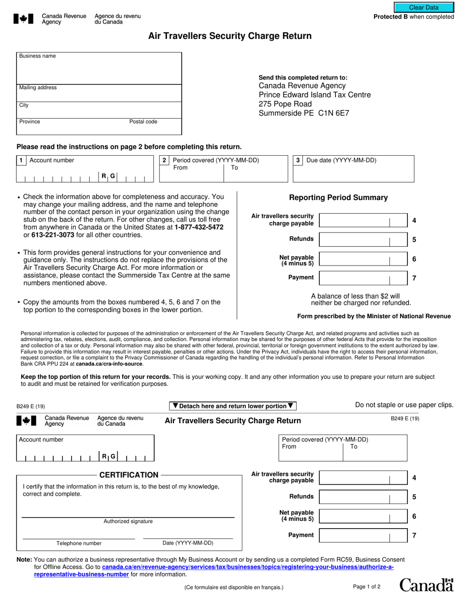Form B249 Air Travellers Security Charge Return - Canada, Page 1