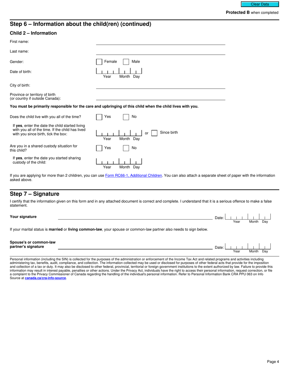 Form RC66 Canada Child Benefits Application Includes Federal, Provincial, and Territorial Programs - Canada, Page 4
