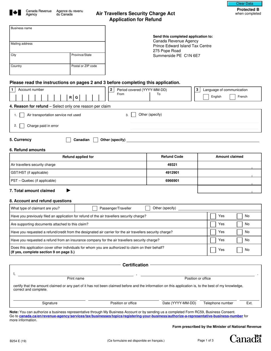 Form B254 Air Travellers Security Charge Act Application for Refund - Canada, Page 1