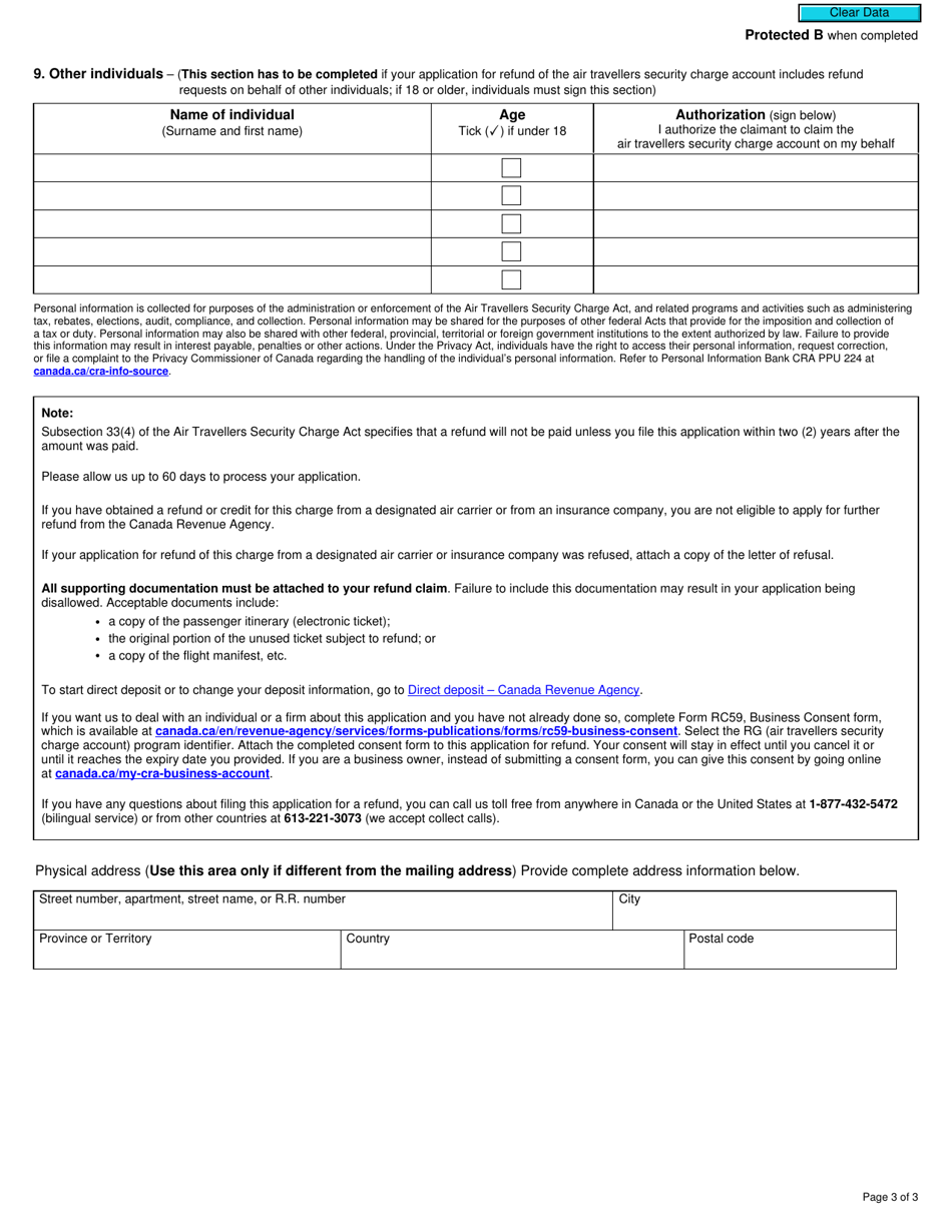 Form B254 Air Travellers Security Charge Act Application for Refund - Canada, Page 3