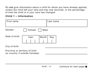 Form RC66 Canada Child Benefits Application Includes Federal, Provincial, and Territorial Programs - Large Print - Canada, Page 13