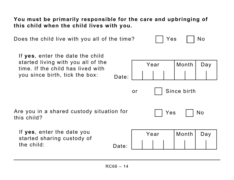 Form RC66 Canada Child Benefits Application Includes Federal, Provincial, and Territorial Programs - Large Print - Canada, Page 14