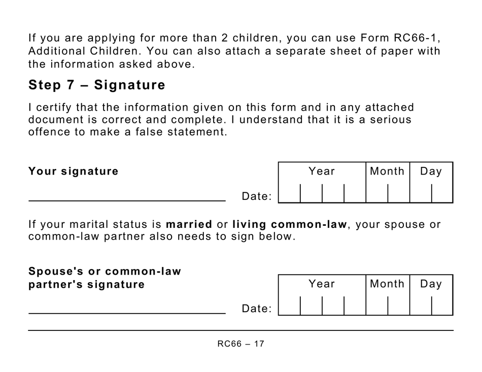 Form RC66 Canada Child Benefits Application Includes Federal, Provincial, and Territorial Programs - Large Print - Canada, Page 17
