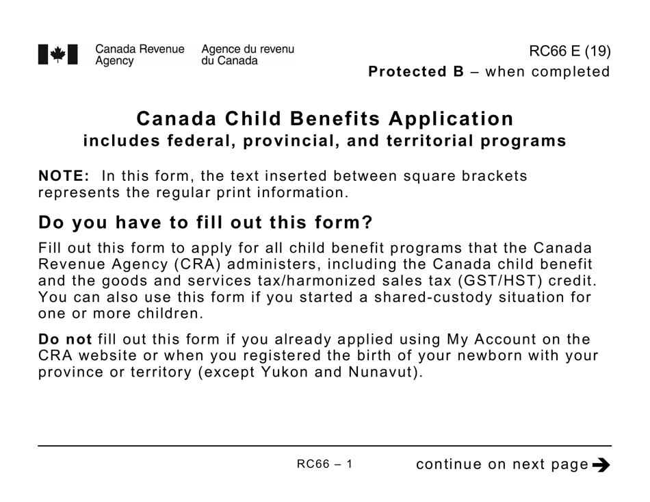 Form RC66 Canada Child Benefits Application Includes Federal, Provincial, and Territorial Programs - Large Print - Canada, Page 1