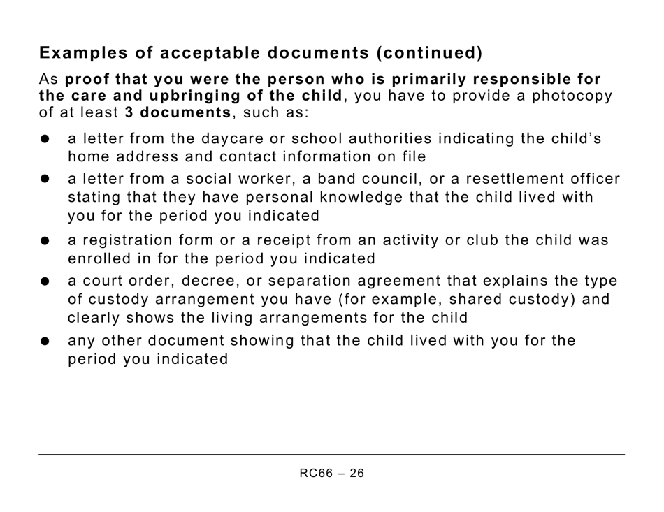 Form RC66 Canada Child Benefits Application Includes Federal, Provincial, and Territorial Programs - Large Print - Canada, Page 26