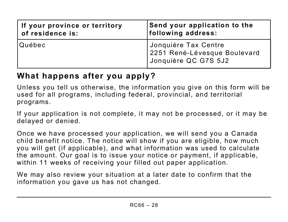 Form RC66 Canada Child Benefits Application Includes Federal, Provincial, and Territorial Programs - Large Print - Canada, Page 28