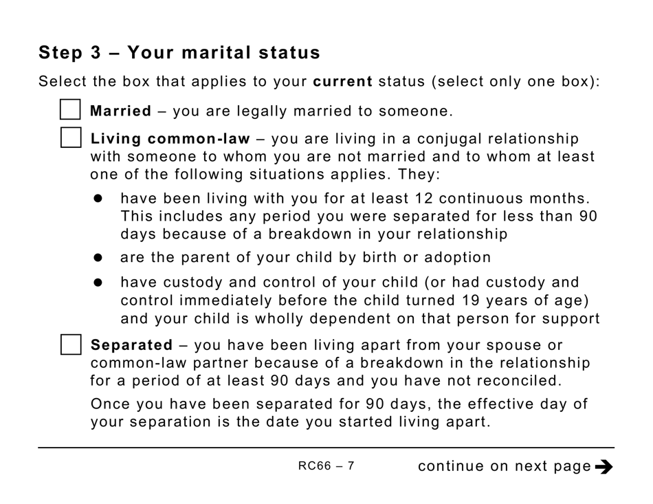 Form RC66 Canada Child Benefits Application Includes Federal, Provincial, and Territorial Programs - Large Print - Canada, Page 7