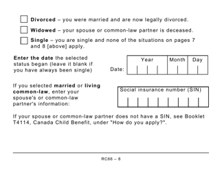 Form RC66 Canada Child Benefits Application Includes Federal, Provincial, and Territorial Programs - Large Print - Canada, Page 8