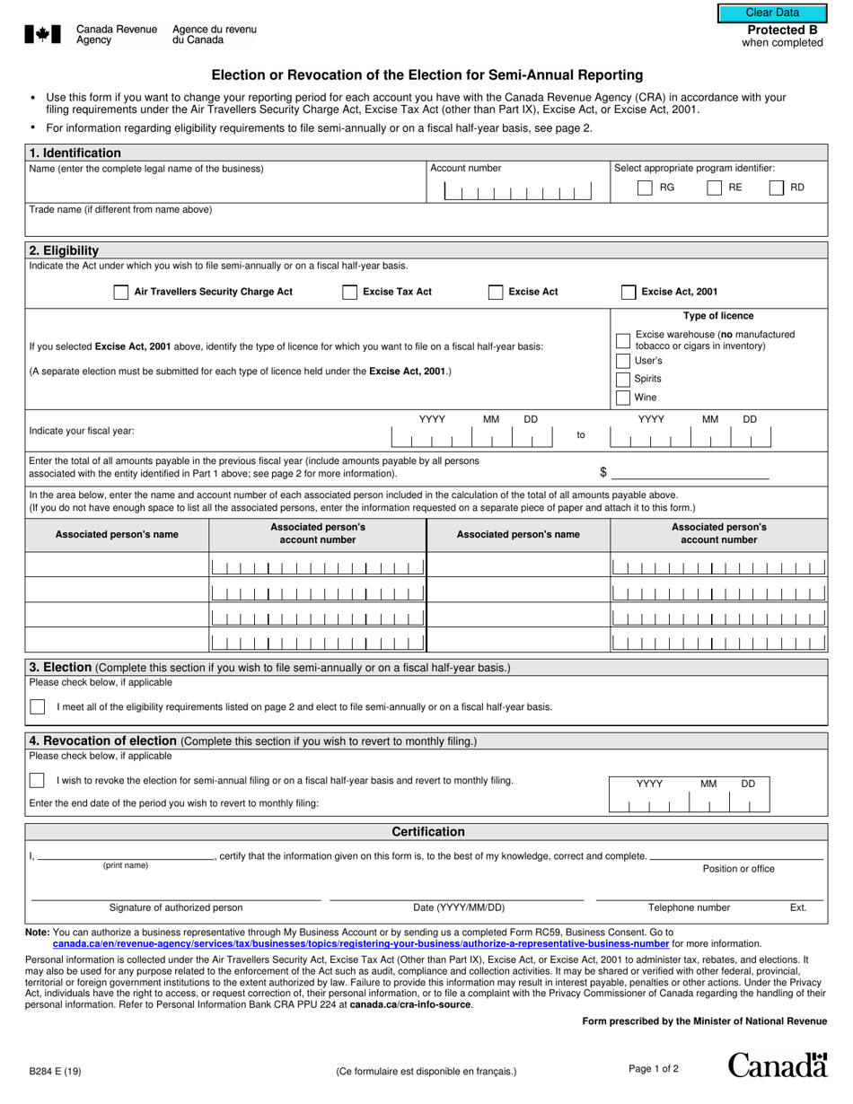 Form B284 Election or Revocation of the Election for Semi-annual Reporting - Canada, Page 1