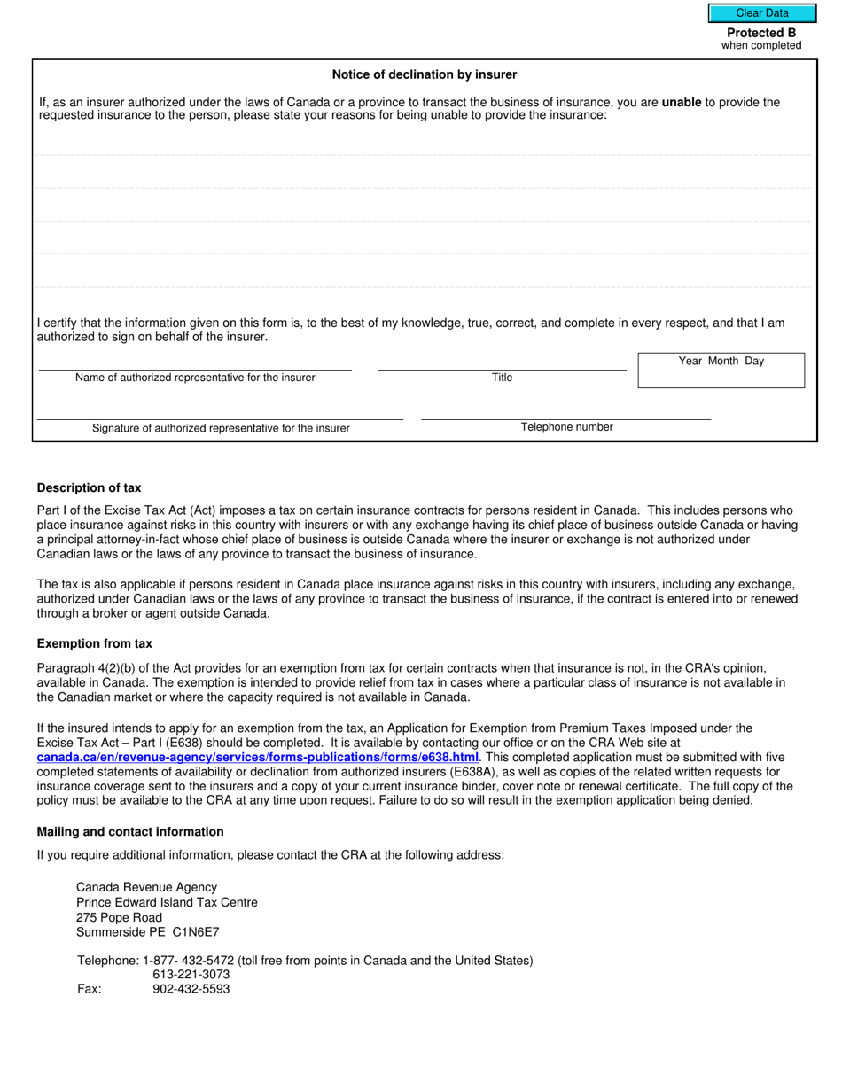 Form E638A Statement of Availability or Declination From Authorized Insurers - Tax on Insurance Premiums (Part 1 of the Excise Tax Act) - Canada, Page 2