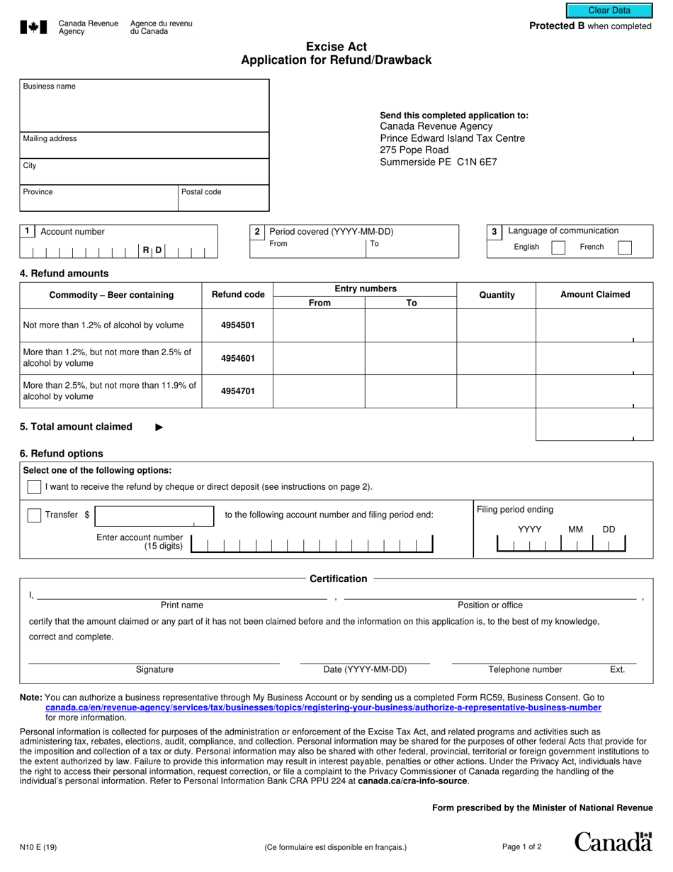 Form N10 Excise Act - Application for Refund / Drawback - Canada, Page 1
