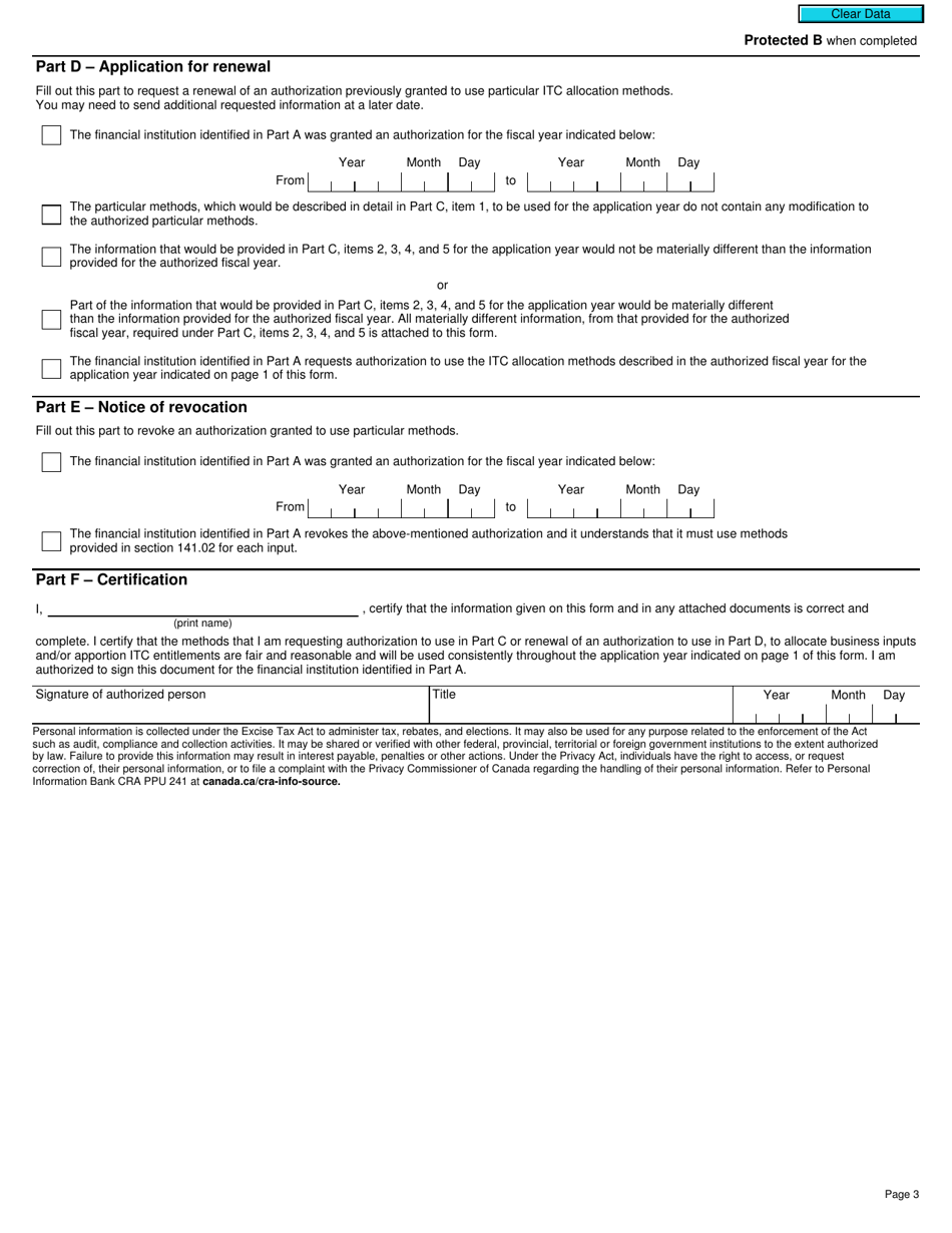 Form GST116 Application, Renewal, or Revocation of the Authorization for a Qualifying Institution to Use Particular Input Tax Credit Allocation Methods - Canada, Page 3