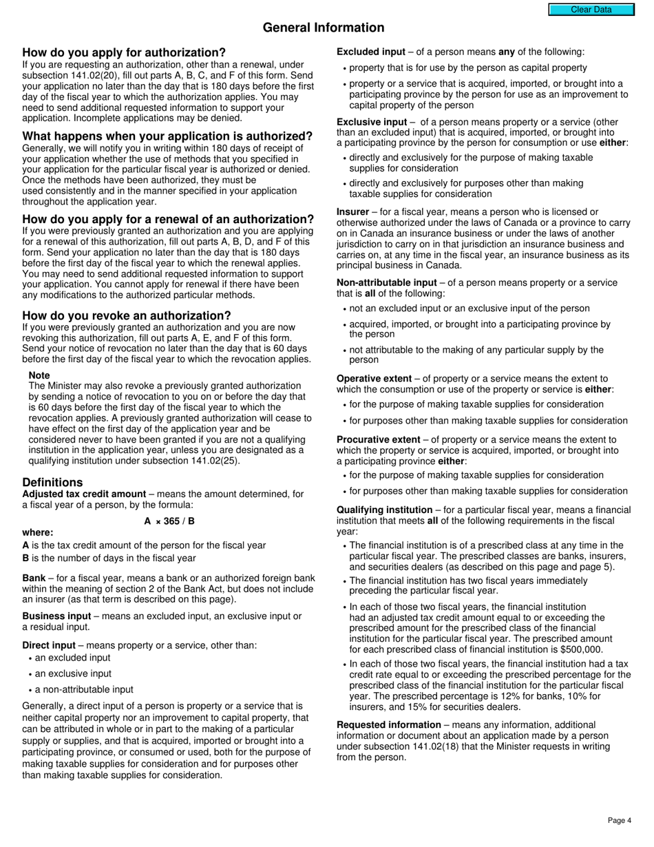 Form GST116 Application, Renewal, or Revocation of the Authorization for a Qualifying Institution to Use Particular Input Tax Credit Allocation Methods - Canada, Page 4