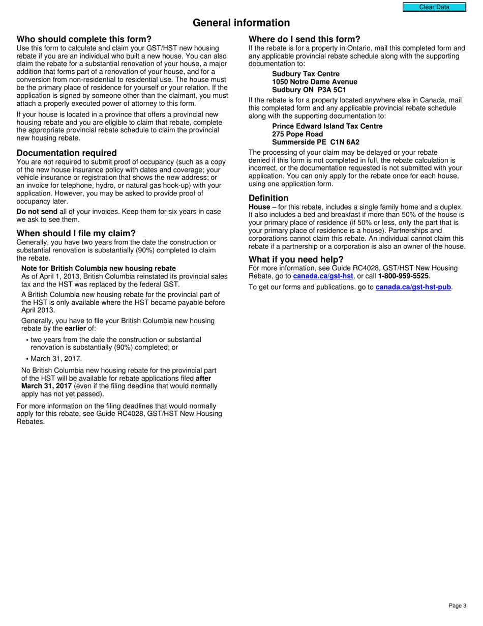 Form GST191 Gst / Hst New Housing Rebate Application for Owner-Built Houses - Canada, Page 3