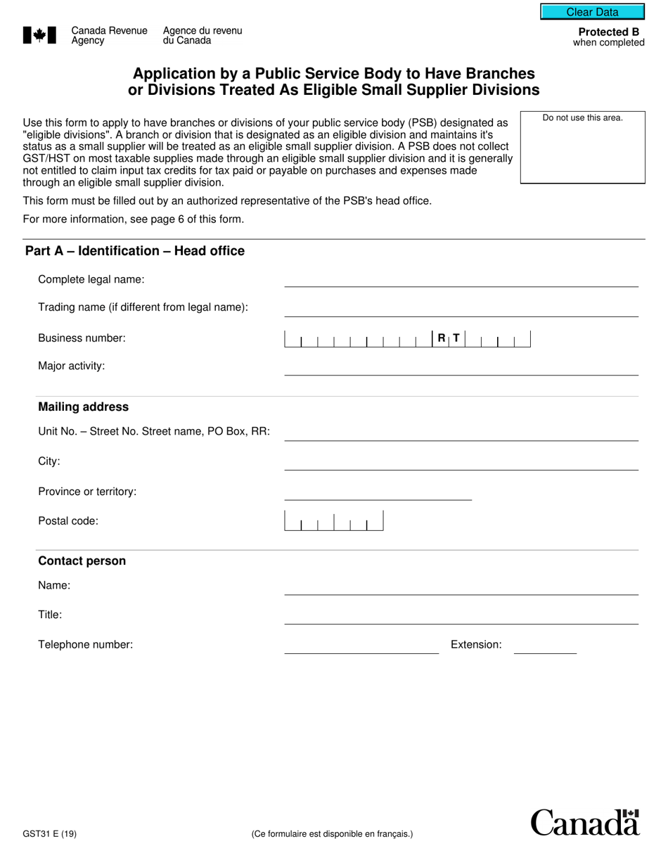 Form GST31 Application by a Public Service Body to Have Branches or Divisions Designated as Eligible Small Supplier Divisions - Canada, Page 1
