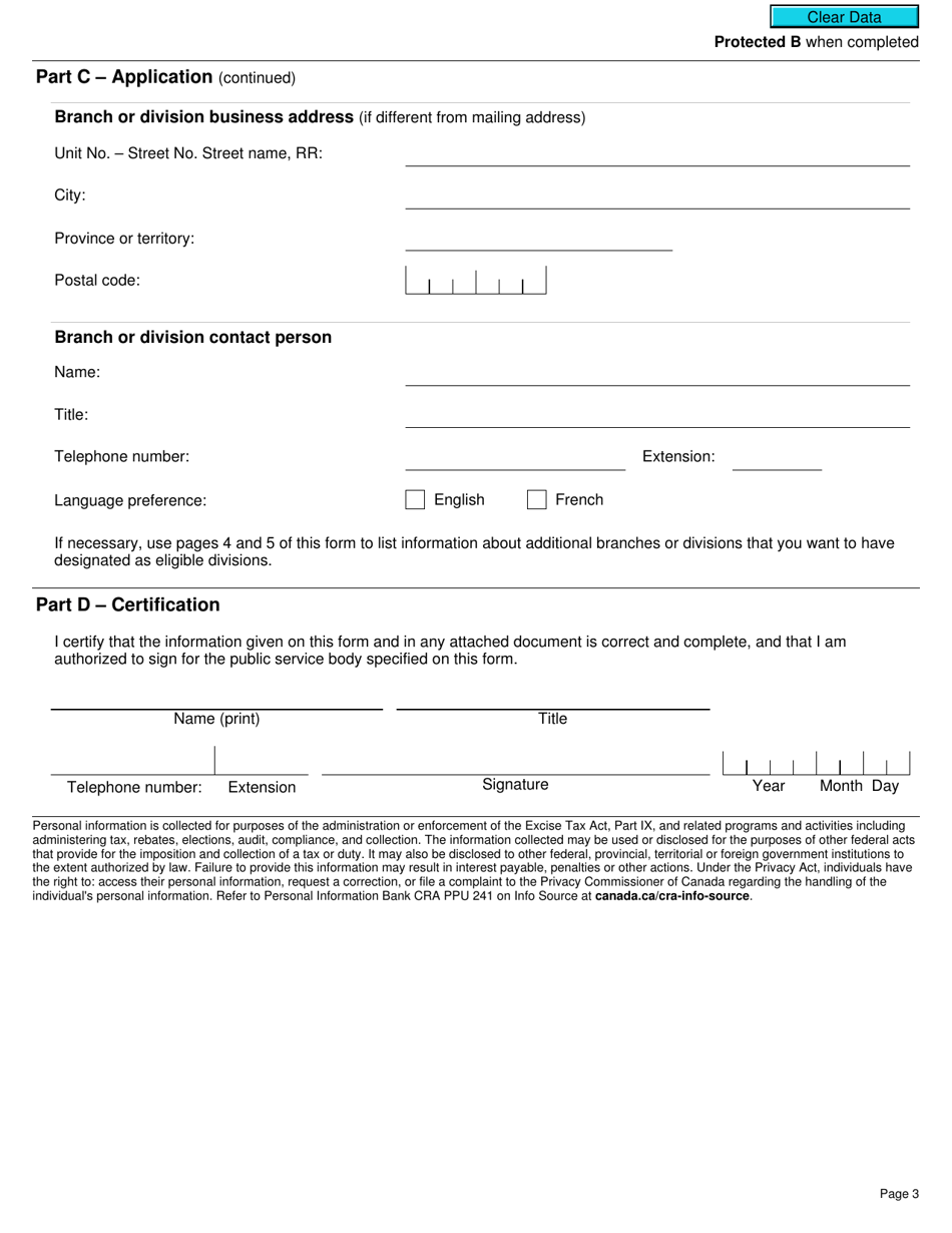 Form GST31 Application by a Public Service Body to Have Branches or Divisions Designated as Eligible Small Supplier Divisions - Canada, Page 3
