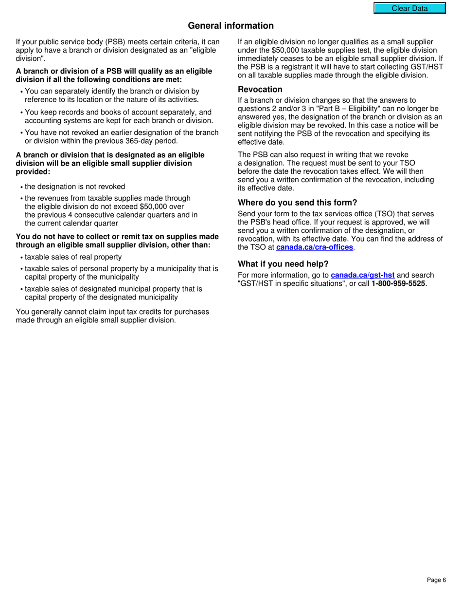 Form GST31 Application by a Public Service Body to Have Branches or Divisions Designated as Eligible Small Supplier Divisions - Canada, Page 6