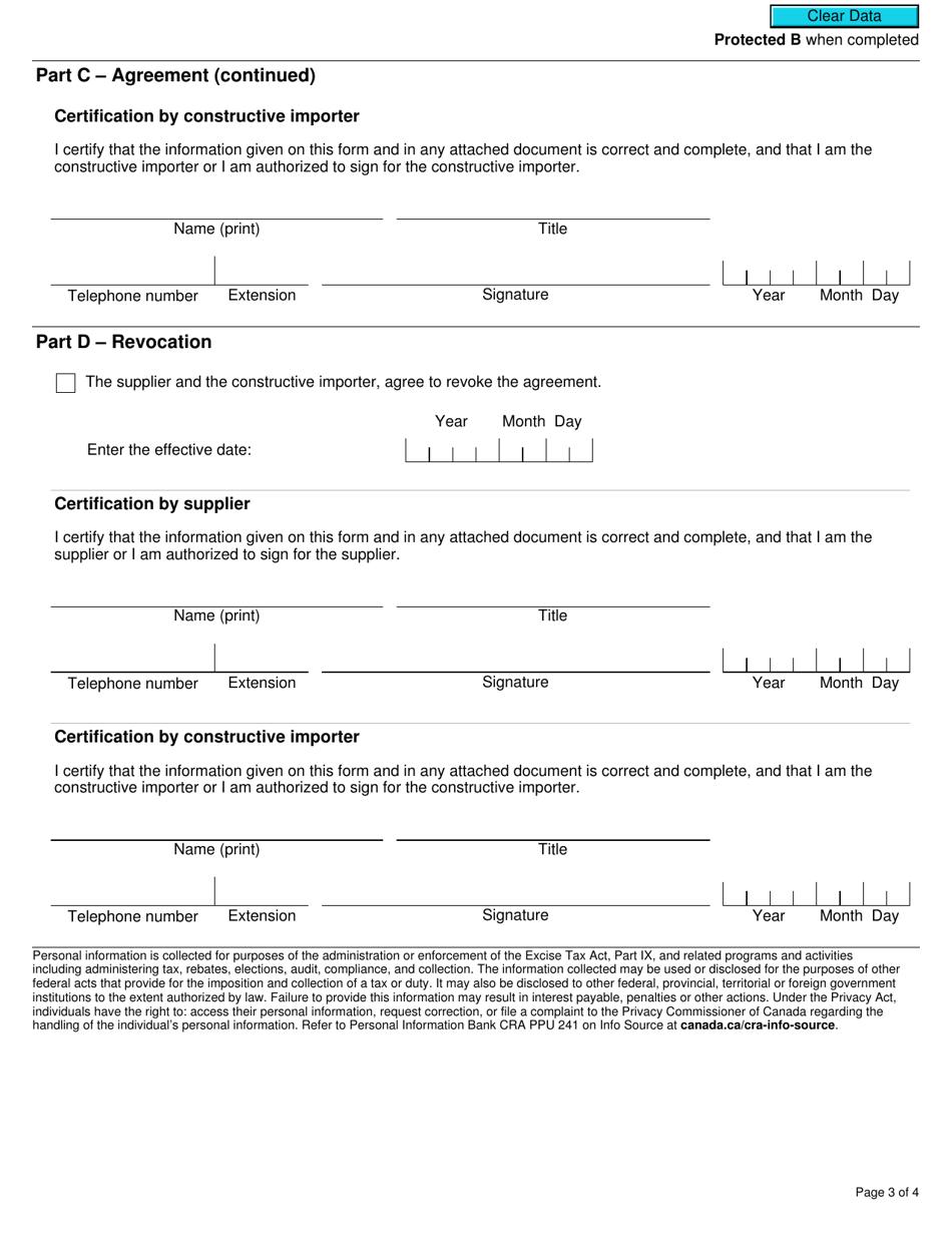 Form GST532 Agreement and Revocation of an Agreement Between Supplier and Constructive Importer - Canada, Page 3