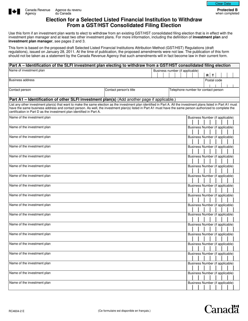 Form RC4604-2 Election for a Selected Listed Financial Institution to Withdraw From a Gst / Hst Consolidated Filing Election - Canada, Page 1