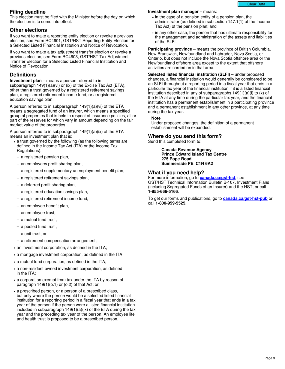 Form RC4604-2 Election for a Selected Listed Financial Institution to Withdraw From a Gst / Hst Consolidated Filing Election - Canada, Page 3